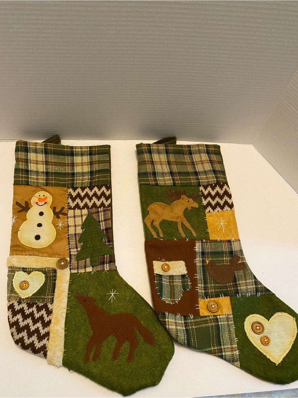 Christmas Moose & Snowman Green Plaid Rustic Stocking Cabin Winter Set Of 2
